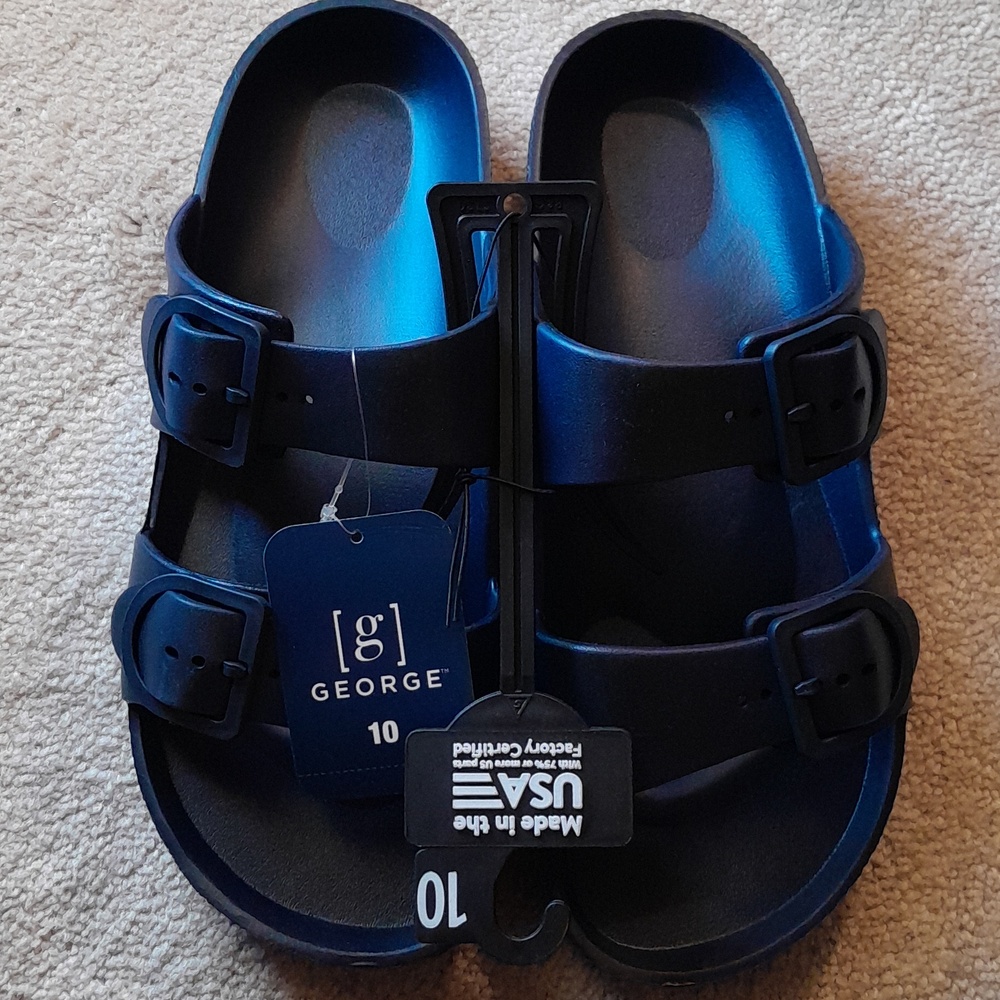 George Deep Navy Double-Buckle Slide Sandals
